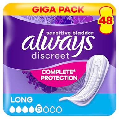 Always Discreet Serviettes Pour Fuites Urinaires Femmes Long, Protection intégrale, Discrétion, 48 Serviettes