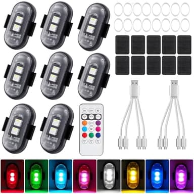 Vautvis 8 Pièces LED sans Fil Voiture, LED pour Stroboscope Voiture sans Fil, 8 Couleurs Strobe Drone Light étanche avec Télécommande, pour Motos Voitures Rc Voitures Drones