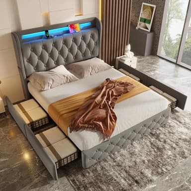Sapgaks Lit 140 x 190 avec Sommier LED et USB C, Lit Coffre 140x190 avec Tete et 4 Tiroirs, Double avec à Lattes et Rangement 2 Personnes, Rembourré Cadre de Velours(sans Matelas)