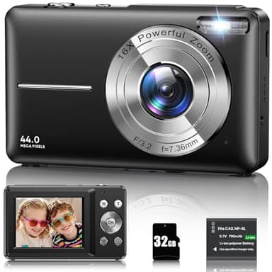 Appareil Photo Numérique 1080P Appareil Photo 44 MP Appareil Photo Compact Portable avec Écran LCD 2,4", Zoom Numérique 16X, Carte Mémoire Micro 32 G, 1 Batterie pour Adolescents, Étudiants-Noir