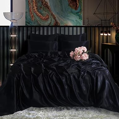 ROOEE - Ensemble complet de literie en satin de soie, 6 pièces, drap avec coins, housse de couette, 4 taies d'oreiller