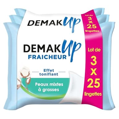 Demak'Up Fraîcheur Lingettes à démaquiller - Visage et Yeux - Peaux Mixtes à Grasses - 3x25 Lingettes démaquillantes