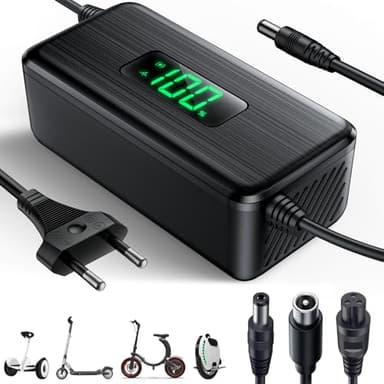 Dufuso 42V 2A Chargeur Trotinette Electrique avec Écran LED de Charge(%), Chargeur Hoverboard avec 4 Connecteurs, Chargeur Universel pour Toutes Les Batteries Lithium de 36V, avec Ninebot, Xiaomi