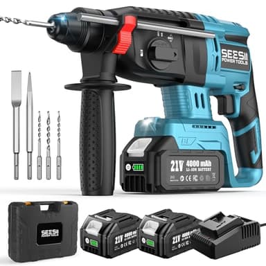 SEESII Marteau Perforateur Sans Fil: 600W, 2,5J D'Énergie D'Impact, Brushless, 3 Fonctions, SDS-PLUS, 2x 4,0Ah Batteries, Chargeur, Forets, Burins, Idéal Pour Le Bricolage Et Les Rénovations