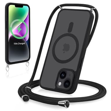 Yoedge Magnétique Coque pour iPhone 15 6,1" avec Cordon, Compatible avec MagSafe, Étui Mat Translucide Rigide PC + TPU Bumper Antichoc Protection Housse avec Réglable Collier Laniere Case, Noir