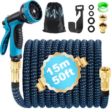 Tuyau Arrosage Extensible 15m, Tuyau d'arrosage Retractable avec Adaptateur 1/2" et 3/4", 10 Fonctions Pistolet, Support, Tuyaux d'arrosage pour Jardin Irrigation Nettoyage Jardinage Laver la Voiture