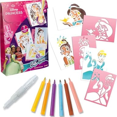 Lansay - BLOPENS DISNEY PRINCESSES - Kit Dessins & Coloriages pour Enfants dès 5 ans - 6 Feutres de Coloriage À Souffler Blopens + 7 Pochoirs Réutilisables - Activité Manuelle - Cadeau Anniversaire