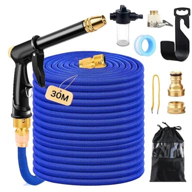 Tuyau Arrosage Extensible,Tuyau Arrosage 30M,Tuyaux D'arrosage Avec Générateur de Mousse,3 Adaptateurs et Support Mural,Il est Utilisé Dans les Jardins,Les Extérieurs,Les Cours