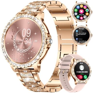 LIGE Montre Connectée Femme Bluetooth Appels pour Android iOS Sport Fitness Activity Tracker Montre Femme Connectée 1,32" HD Fréquence Cardiaque Sommeil Moniteur Elégant Diamond Rose Or Smartwatch