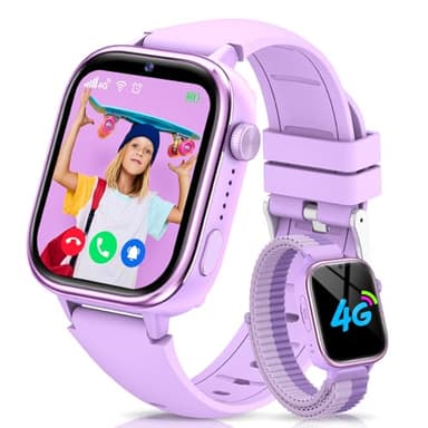 RUXINGX Montre Connectée Enfant GPS, 4G Montre Intelligente avec Carte Sim/SOS/Mode Classe/Appels Vidéo/Chat Vocal/Téléphone/Podomètre/Réveil/Jeux, IP68 Étanche Smartwatch pour Garçons Filles, Violet