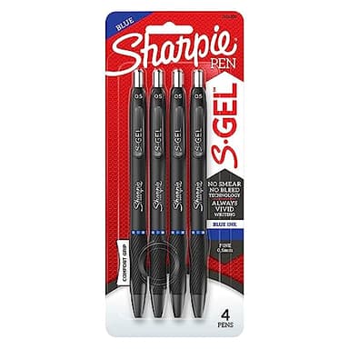 Sharpie® S Lot de 4 stylos à encre gel, pointe fine, 0,5 mm, corps noir, encre bleue