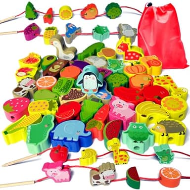 Goujfol Perles en Bois à Enfiler Jouet, 42 Pièces Animaux et Fruits Jouets de Filetage en Bois, Jeux Montessori Éducatifs Enfant Cadeau pour Garçons Filles 2 3 4 Ans