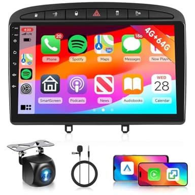 4G+64G Android Autoradio pour Peugeot 308 308SW 408 2007-2015 Radio CarPlay Android Auto sans Fil, Hodozzy 9 Pouces Écran Tactile Stéréo GPS Navigation, WiFi, DSP FM/RDS Bluetooth Radio 2 DIN+Caméra