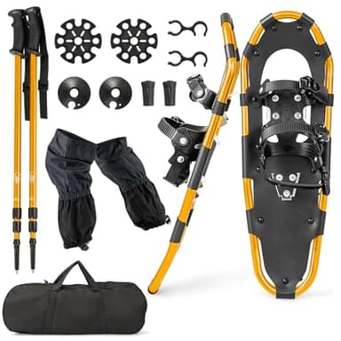 GYMAX Ensemble de Raquettes à Neige Légères 53/63/78 CM avec Fixation à Double Cliquet, Bâtons de Randonnée, 1 Paire de Guêtres, Sac de Transport, pour Hommes, Femmes, Enfants (63 x 21, Doré)