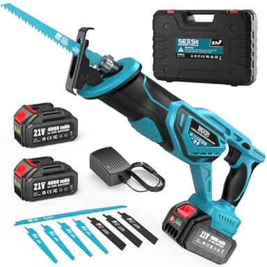 SEESII Scie sabre sans fil 21 V, moteur sans balais 3300 SPM, Scie alternativeavec 2 batteries 4.0Ah, 8 lames Pour bois, métal, PVC