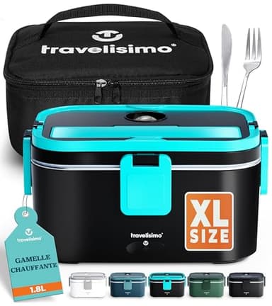 TRAVELISIMO XL Gamelle Chauffante Grande Capacité 1,8L Lunch Box Chauffante 80W Chauffe Repas 3 en 1 220V 24V 12V, chauffe Plat voiture, Gamelle Chauffante Allume Cigare, Acier Inoxydable