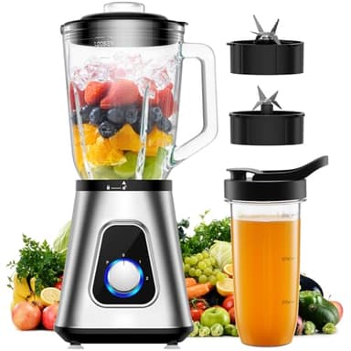 GDOR Blender 1200W Mixeur Bol en Verre 1,5L + Gourde Portable Smoothie Mixer Porfessionel, 3 Vitesses, 6 Lames + 4 Lames en Acier Inox pour Smoothies, Jus de Fruits, Piler de la Glace