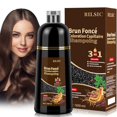 Shampoing Colorant Brun foncé Hair Dye Shampoo 3 en 1,Shampooing Instantané pour Cheveux,Shampooing Colorant Cheveux Blancs,Color Shampoo pour Hommes et Femmes 500ml(Brown)