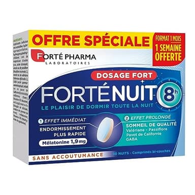 Forté Pharma - ForteNuit 8h - Complement Alimentaire Sommeil adulte à base de melatonine 1.9mg, GABA, Valériane Passiflore - Endormissement rapide favorisé, Douce nuit - 30 comprimés Bi-couches