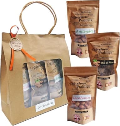 Pralines à l’Ancienne - Coffret Cadeau Pralines « Classiques » - Chouchous Friandise Artisanale- Amandes, Noix de Pécan, Cacahuètes - 3 Sachets Encas Apéritif -430 gr- Fabriquées en France
