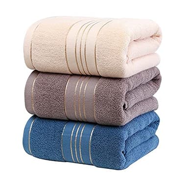 Hotgreenpepper 3 Serviette de Bain Drap de Bain en 100% Coton, Grande Taille Douce Luxe et Très Absorbant, pour Douche Natation Salle de Bains Hôtel Voyage (70x140CM, Bleu+Gris+Beige)