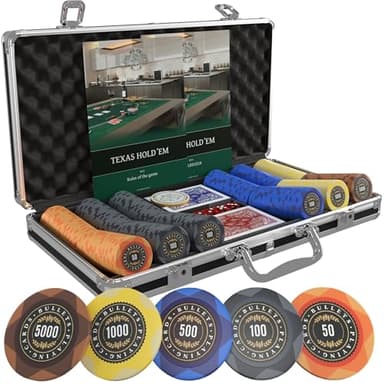 Bullets Playing Cards | Mallette de Poker 300 Jetons Clay 12g – Coffret Complet avec Cartes, dés et Bouton Dealer en céramique – Design Adriana