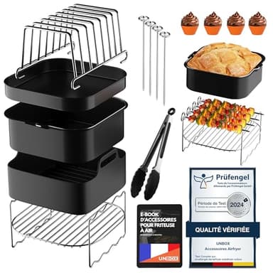 UNBOX Accessoires Air Fryer compatible pour Philips 2000 Série 6,2L (NA230), Cecotec 5,5L, Moulinex 6,5L, Ninja 4,7L, COSORI 5,5L - Avec Réutilisable Moule Silicone Airfryer, Plateau à pizza