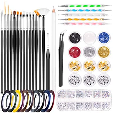 MELLIEX 45pcs Kit de Nail Art avec Pinceaux de Peinture d'Ongle, Stylo de Pointage d'Ongle, Paillettes, Feuille d'Ongle, Bandes de Rayure, Strass, Pince à Épiler pour Décoration Nail Art