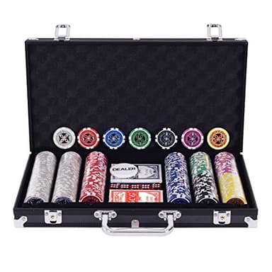 DREAMADE Mallette de Poker Verrouillable avec 300 Jetons avec Autocollant Laser, Bouton de Donneur, 2 Jeux de Cartes, 5 Dés et Mallette de Poker en Aluminium (Noir)
