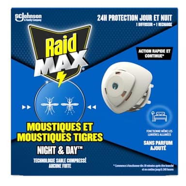 Raid Max Diffuseur Electrique Liquide Night & Day - Anti-Moustiques et Moustiques Tigres - Protection Longue Durée Jour & Nuit - Sans Parfum - 1 Diffuseur + 1 Recharge