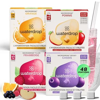 waterdrop® Microdrink Set Coffret Fruits Classiques - 48 Pastilles Pour Boisson Hydratante en Saveurs Pomme, Orange, Framboise & Cassis, Cubes Boisson Vegan, Vitamine C B, Eau Aromatisée Sans Sucre