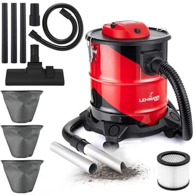 LEHMANN Haddo Aspirateur Industriel 2000W - Aspirateur à Cendres pour Cheminée avec Double Filtre - Réservoir en Acier Inoxydable de 20 L - Filtre HEPA - Fonction Soufflerie - Rouge et Noir