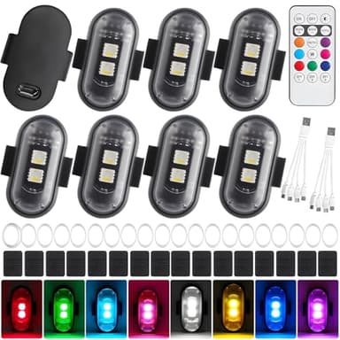 Vautvis 8 Pièces Stroboscope Voiture, 8 Couleurs LED Strobe Drone Light étanche sans Fil avec Télécommande, LED Voiture pour Motos Rc Voitures Drones
