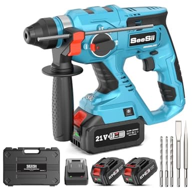 Seesii 4-in-1 Marteau Perforateur Sans Fil: Energie de Frappe 2,1 J, Moteur Sans Balais, Poignée Anti-vibrations, Eclairage LED, Avec 2 Batteries 4,0 Ah, 3 Forets SDS-Plus et 2 Burins Dans un Coffret