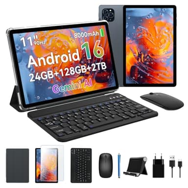 KINGRID T90 Tablette Android 16, 24GO RAM + 128GO ROM, Tablette Tactile 11 Pouces FHD avec Clavier Et Souris, 5G WiFi, 8000mAh, Widevine L1, Double Caméra, Reconnaissance Faciale, GPS, ÉTui