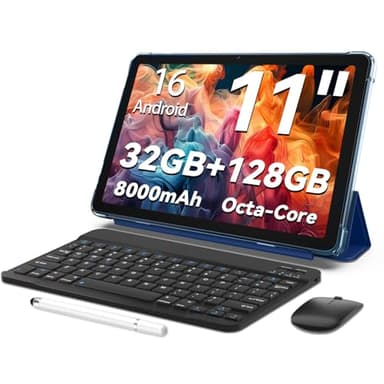 Tablette Android 16,tablette 11 pouces,32 Go + 128 Go extensible à 1 To, pack productivité avec housse clavier, stylet, processeur octa-core, double caméra, WiFi 6, batterie 8000 mAh (Bleu)