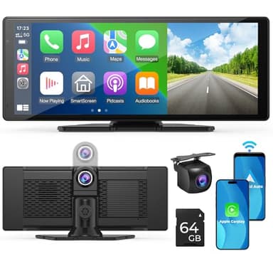 APHQUA Écran CarPlay sans Fil, Stéréo de Voiture Android Auto 10,26 Pouces CarPlayavec Dashcam Avant 2,5K Caméra Arrière 1080P avec Navigation,Bluetooth,FM,AUX,Enregistrement en Boucle,Carte TF 64 Go