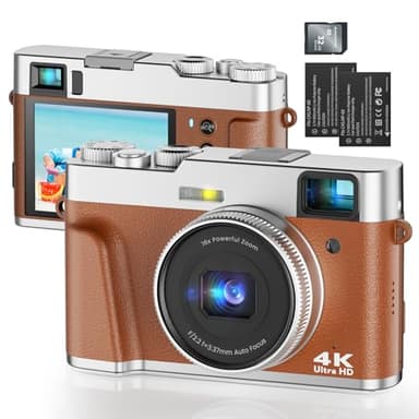 Appareil Photo Numérique 4K 48MP avec Viseur Optique, Appareil Photo Compact Autofocus Zoom 16X avec Carte SD de 32 Go et 2 Batteries Facile à Utiliser pour Débutant, Voyageurs, Adolescents-Marron