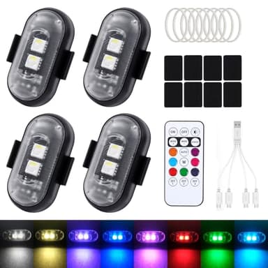 FIVAVA Lot de 4 lumières LED sans fil pour voiture, 8 couleurs, clignotant, avec télécommande, chargement USB, anti-collision, pour voiture, moto, camion