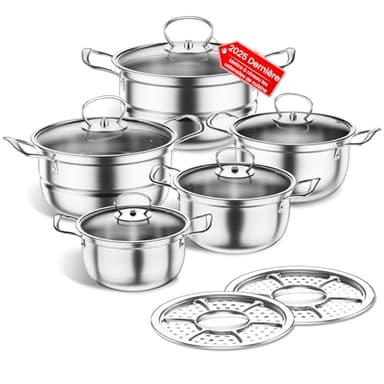 Batterie de cuisine en acier inoxydable, batterie de cuisine à induction 12 pièces, non couché, compatible avec les plaques de cuisson à induction/gaz, avec couvercle en verre (Argent D)