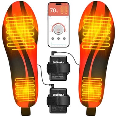 Semelles Chauffantes, Semelle Chauffante Rechargeable 5000 mAh, Semelle Chauffante Sans Fil avec APP contrôle, Taille Peut Être Coupé(41-46), pour chasse/pêche/randonnée/camping