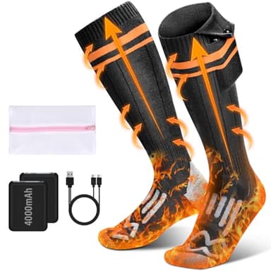 Chaussettes Chauffantes, 4000mAh Chaussette Chauffante Rechargeables avec 4 Températures, Calze Riscaldanti Lavables pour la Chasse d'hiver/Ski/vélo/Camping, Unisexe Chauffe Pied 36-43