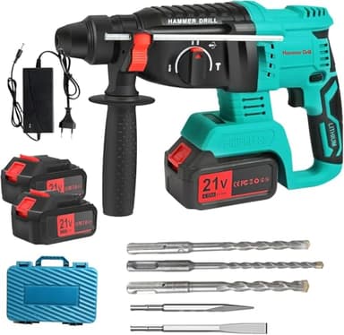 Marteau Perforateur Sans fil Perceuse à Percussion con SDS-Plus Mandrin, Moteur Sans Balais, Forage, Martelage et Démolition, 6x Forets, 2*Batterie 4.0Ah (vert)