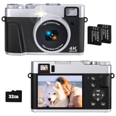 Appareil photo numérique 4K Zoom optique 48 MP Appareil photo compact Carte 32 G 2 batteries Mise au point automatique Caméra de voyage pour débutants