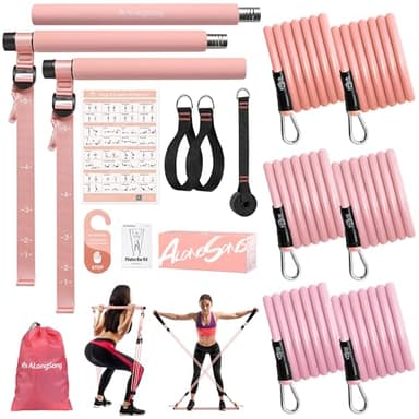 ALongSong Elastiques Musculation Barre de Pilates - 2025 Kit Fitness Maison avec 6 Bandes de Résistance Élastique 20-180Lbs & Ancrage de Porte pour Complet Entraînement Yoga/Musculation