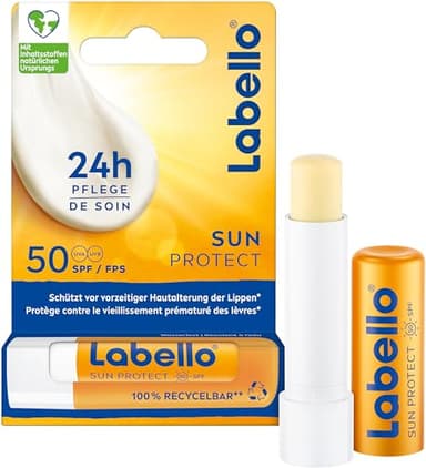 Labello Sun Protect SPF 50 Soin pour les lèvres imperméable avec haute protection solaire, sans huile minérale, avec beurre de karité, vitamines et huiles naturelles (4,8 g)