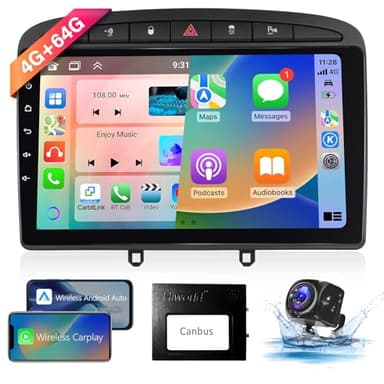【8 Cœur 4+64G】 Hodozzy Carplay Autoradio pour Peugeot 308/408 2010-2013, 9 Pouces Ecran Tactile Android Autoradio avec Android Auto/WiFi/GPS/RDS/FM/Bluetooth/USB+Camera de Recul