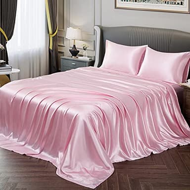 Vonty Parure de lit en Satin Doux et Soyeux, avec 1 Drap-Housse à Bonnet Profond + 1 Drap Plat + 2 taies d’Oreiller, Rose, pour lit Double