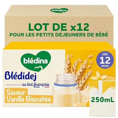 Blédina Blédidej Céréales bébé Biscuité Saveur Vanille - Dès 12 Mois - Lait bébé pour petit-déjeuner - Source de Calcium, Vitamine C, Fer, Oméga 3 (ALA) - Format Pratique x12 briques 250 mL