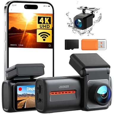 iZEEKER 4K Dashcam Voiture Avant Arrière, Wi-Fi 6 Intégré, Carte SD 32G Offerte, Caméra Dual 4K+1080P, Écran IPS 2,99", Contrôle APP, Vision Nuit, G Capteur, Enregistrement en Boucle, Mode Parking 24H